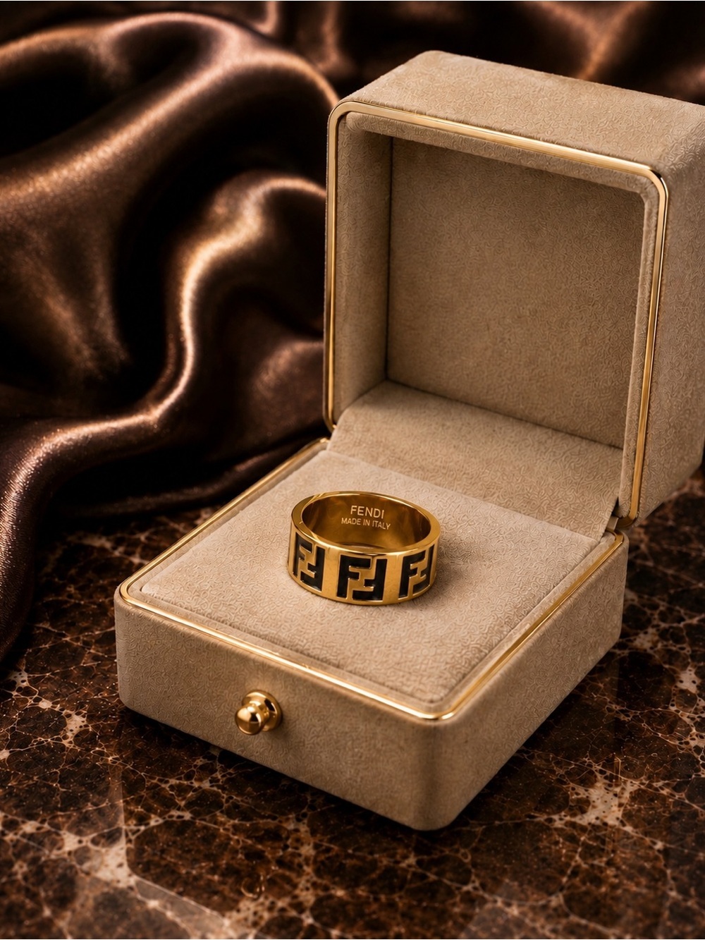 Gold Band Ring with Black Enamel FF Motif